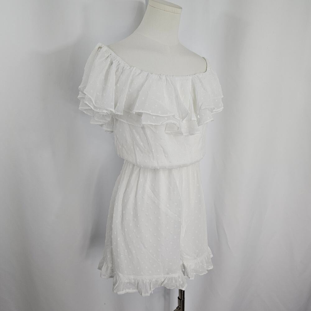 Lulus White Swiss Dot Ruffled Off The Shoulder Romper Women's Size M NWT - Picture 6 of 13
